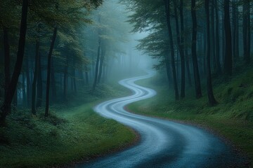 Obraz premium A winding road through a dense forest in the early morning mist, the light filtering through the trees creating a mystical atmosphere.