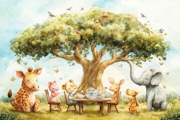 Fototapeta premium Animals Enjoying Afternoon Tea Underneath A Large Tree