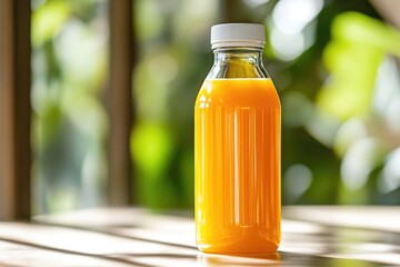 A glass bottle of orange juice sits on a table, ready to be consumed
