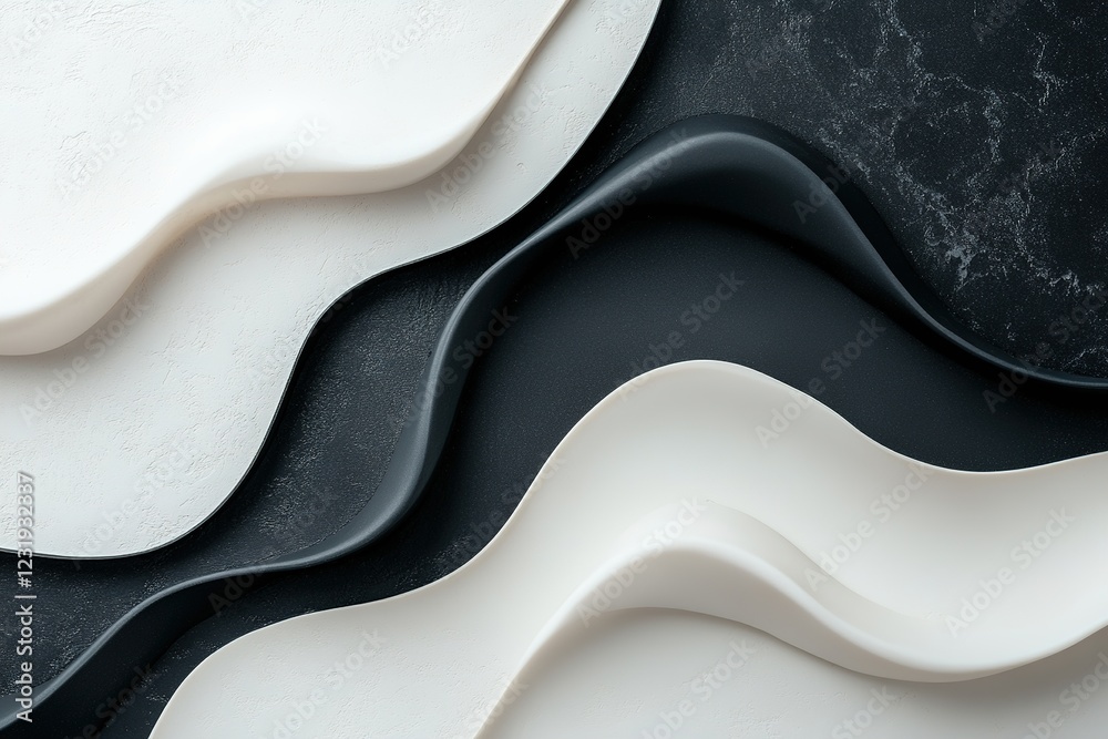 Poster soft-edged waves in black and white gradients flow seamlessly across the background, creating a mode