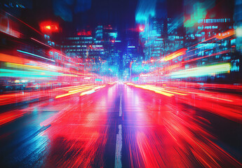 Obraz premium A grainy, glitched, and distorted photograph of neon rainbow lights reflecting on wet asphalt at night.