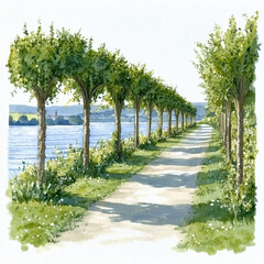 Obraz premium Serene riverside path shaded by lush, arching trees.