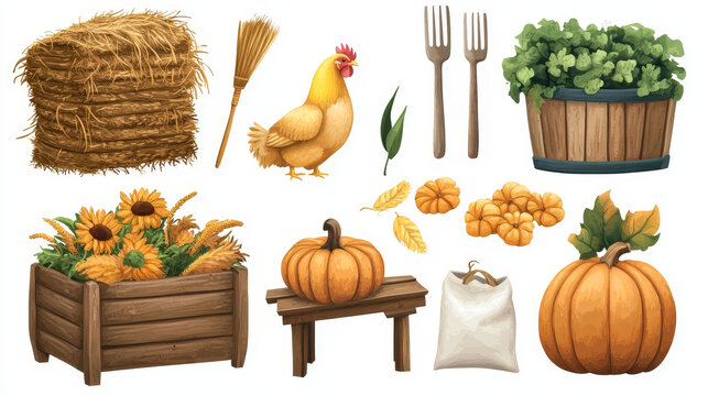 Chickens, straw, bags with harvest and fork isolated on white background. Vector cartoon set of farm icons with hay stacks, wooden boxes, trough and bench, hen and pumpkin