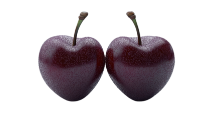 Two ripe cherries touching each other on transparent background