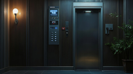 Open and closed elevator doors in office hallway. Vector realistic empty modern interior with lift, metal panel with buttons and floor display on wall in hall of hotel or house