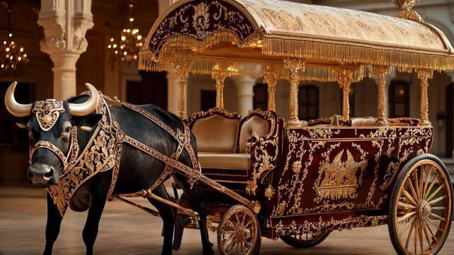 Ornately decorated bullock cart with intricate designs in a lavish palace interior setting