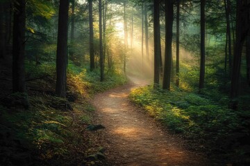 Naklejka premium A winding trail through a dense forest with sunlight filtering through the trees, the path leading to a hidden clearing bathed in warm light.