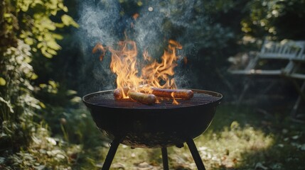 A dynamic shot of sausages sizzling on a barbecue grill, with flames and smoke adding to the mouthwatering appeal of outdoor cooking and summertime gatherings