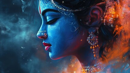 Portrait of a woman with blue skin and vibrant jewelry showcasing cultural heritage and artistry during a festive celebration