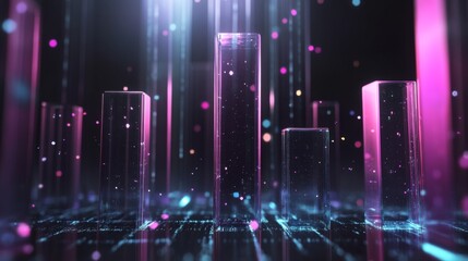 A financial bar chart with translucent bars in ascending order, placed on a dark, sleek background with glowing data points floating around