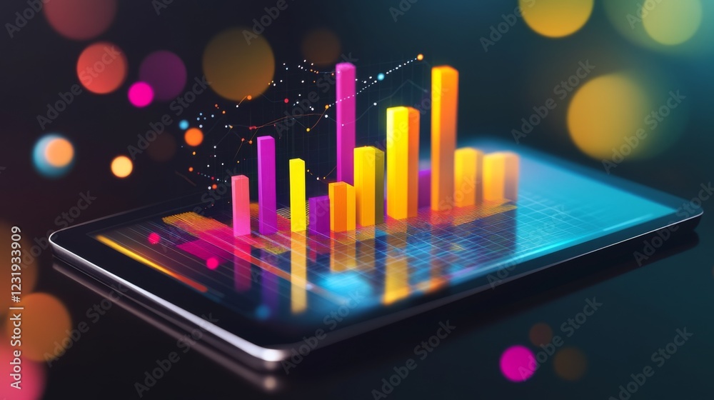Aufkleber A flat lay of a digital tablet showing a D bar graph, with bars popping out of the screen, symbolizing interactive data analysis in a modern business setting.