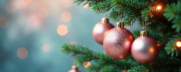 Ornaments in pastel shades shining against a fir branch, pastel colors, Christmas, fir tree