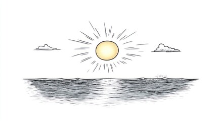 Obraz premium Hand-drawn illustration of a sun rising over the ocean with two clouds.