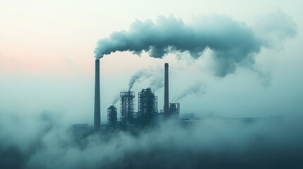 Obraz premium A striking image of a factory emitting smoke into the atmosphere, demonstrating the impact of industry on the environment in a foggy setting.