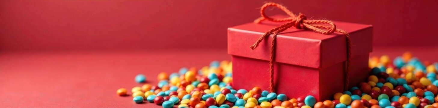 Red rectangular container with tied red string on top of multicolored pile, festive decoration, packaging material