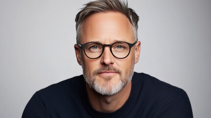 Fototapeta premium A man with a neatly trimmed beard and glasses staring intently shows his intelligence and professionalism.