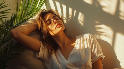 Serene Woman Relaxing with Sunlight and Shadows in Natural Setting