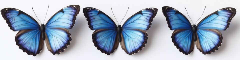 Obraz premium A group of blue butterflies sit together on a white surface, ready to take flight