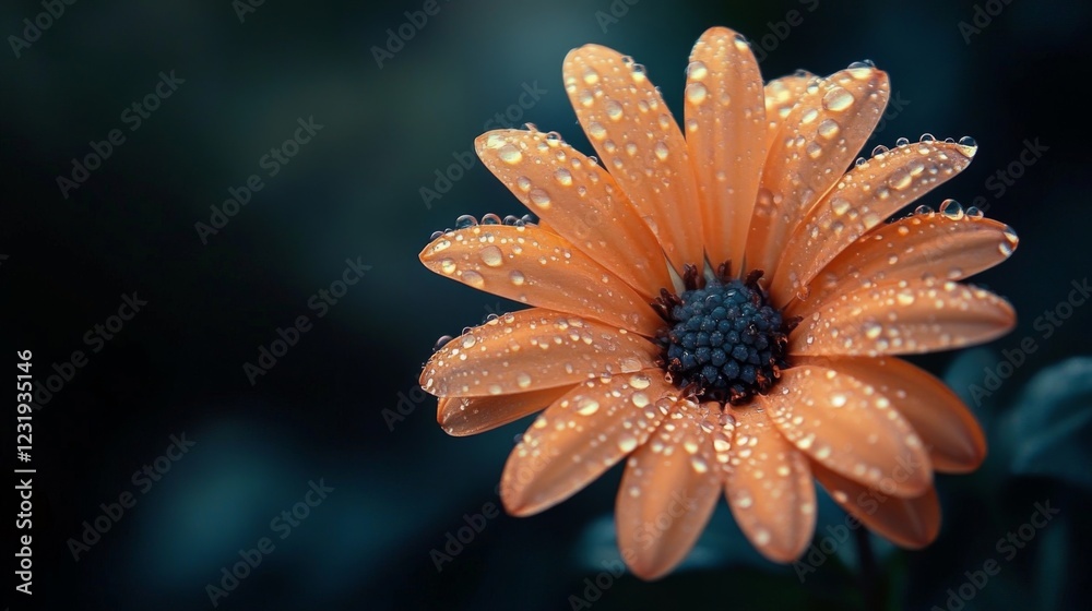 Poster a flower with dew drops on its petals against a dark background, with the droplets reflecting light 