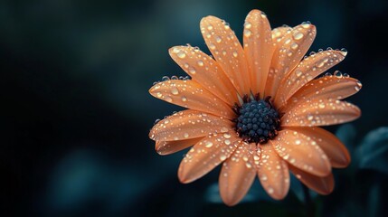 A flower with dew drops on its petals against a dark background, with the droplets reflecting light and adding a sense of depth and richness to the image.
