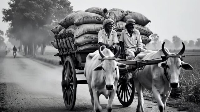 Two men transporting sacks on a bullock cart along a rural road, surrounded by fields and trees