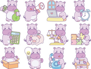 Obraz premium Cute hippo vector icon. Funny baby hippo animal series stock illustration. life of fluffy hippo designs.