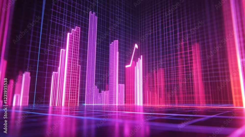 Poster A futuristic D bar chart with tall, glowing columns and an upward trending arrow, hovering over a dark digital background filled with grid patterns