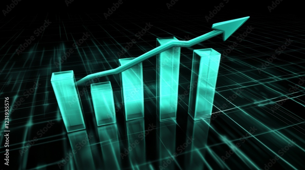 Aufkleber A futuristic D bar chart with tall, glowing columns and an upward trending arrow, hovering over a dark digital background filled with grid patterns