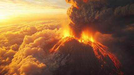 Fototapeta premium Volcanic eruption with lava, fire and smoke