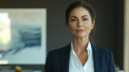 Confident businesswoman standing in office with professional attire and poised expression