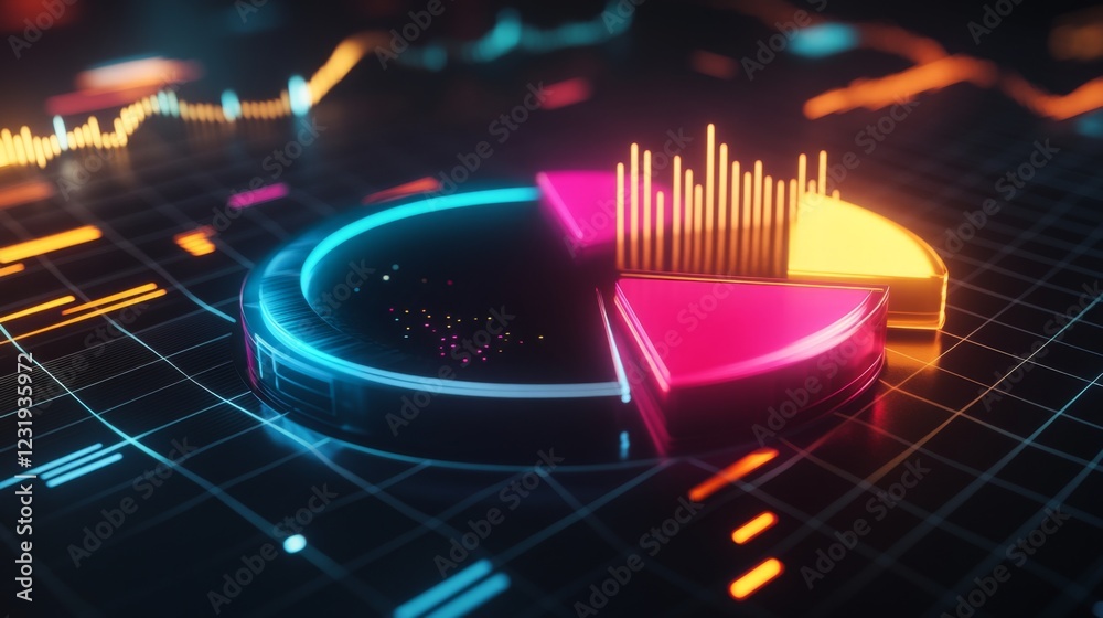 Leinwandbilder a futuristic d pie chart with floating segments, each glowing with neon lights, set against a dark g