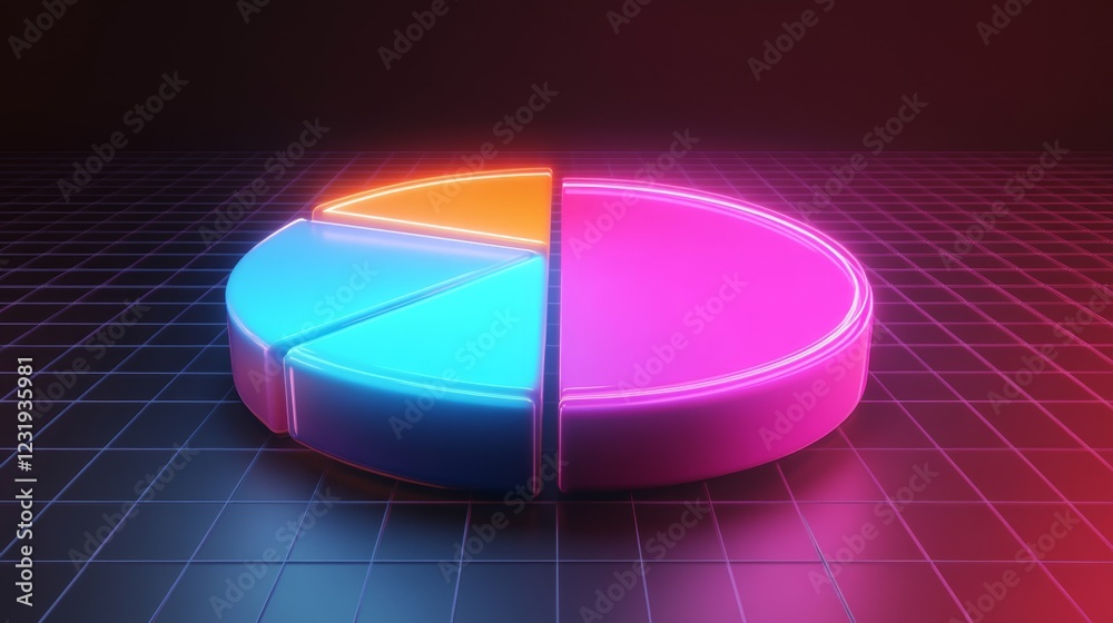 Aufkleber a futuristic d pie chart with floating segments, each glowing with neon lights, set against a dark g