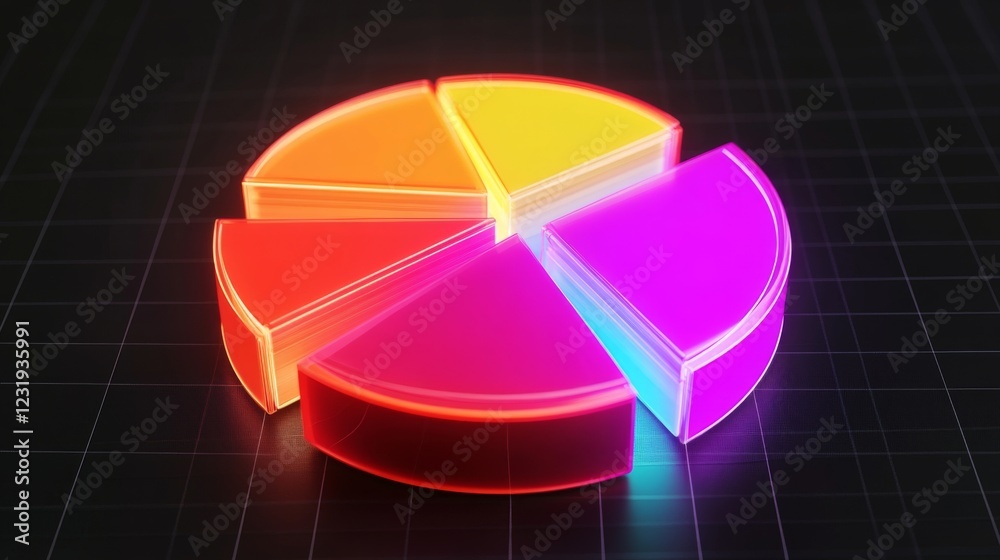 Aufkleber a futuristic d pie chart with floating segments, each glowing with neon lights, set against a dark g