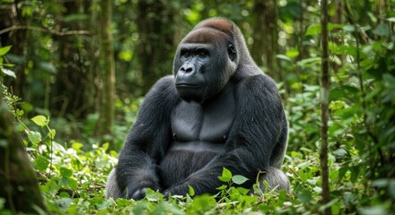 Obraz premium a critically endangered Cross River gorilla sitting in a lush green forest.a critically endangered Cross River gorilla sitting in a lush green forest.