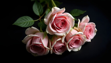Naklejka premium A graceful bouquet of soft pink roses, their petals delicately layered and fresh with dew, surrounded by tender green leaves, placed on a dark black background