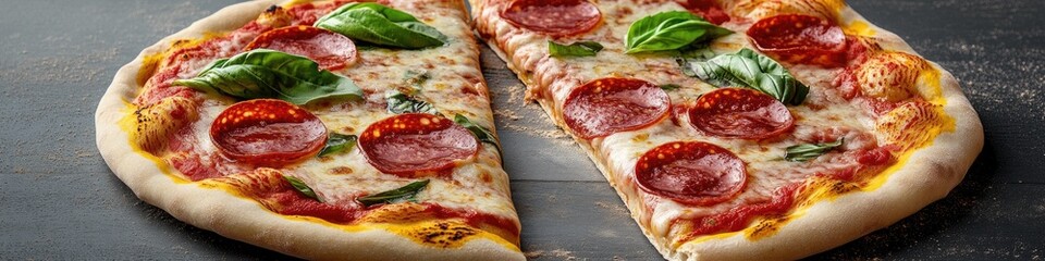 Freshly baked pepperoni pizza topped with sweet basil leaves