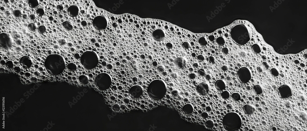 Poster water bubbles creating textured patterns and shadows on a dark background