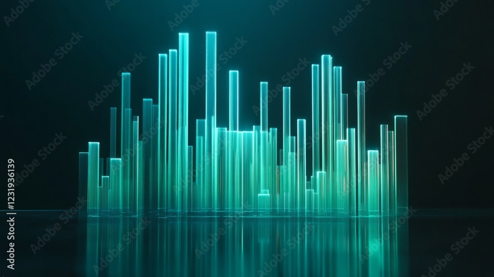 Aufkleber a futuristic bar graph with transparent bars glowing in shades of blue and green, hovering above a r