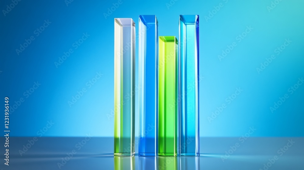 Aufkleber a futuristic bar graph with transparent bars glowing in shades of blue and green, hovering above a r