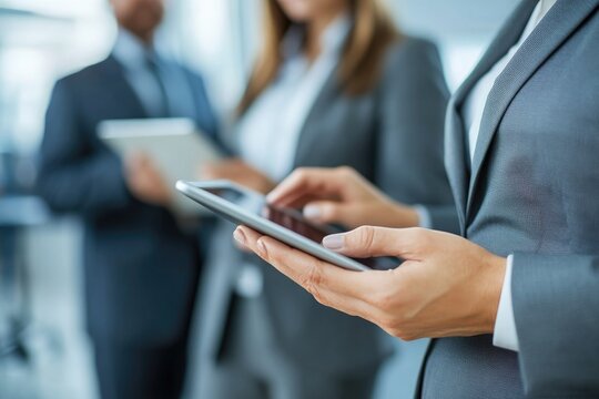 Professional duo examining digital data on a tablet, suitable for corporate or startup scenes