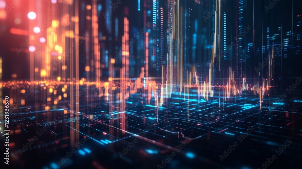 Leinwandbilder a futuristic digital stock market graph floating in the air, with glowing lines and data points, sym