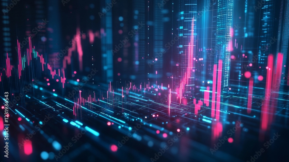 Leinwandbilder a futuristic digital stock market graph floating in the air, with glowing lines and data points, sym