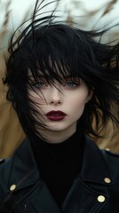 Stylish Young Woman with Windswept Hair in Dramatic Outdoor Portrait
