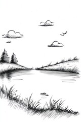 Obraz premium Hand-drawn sketch of a serene lake landscape with two trees, rolling hills, and clouds in the sky.