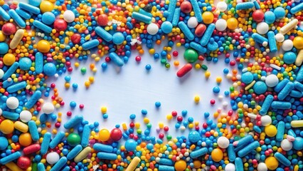 Obraz premium Colorful blue candy sprinkle layer on a white background with scattered candies and a few stray sprinkles , festive