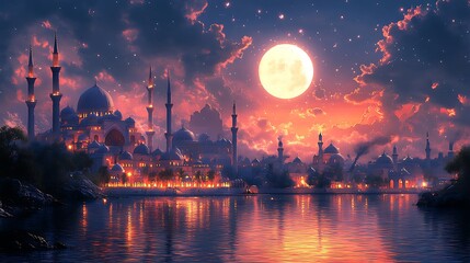 Fantasy Cityscape at Night with Illuminated Buildings, Large Moon and Stars

