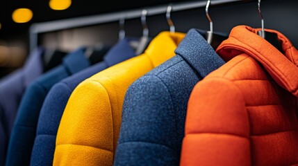 Fototapeta premium Coats and jackets neatly hung in a well-lit coat closet, highlighting the orderliness, fashion and seasonal wardrobe essentials.