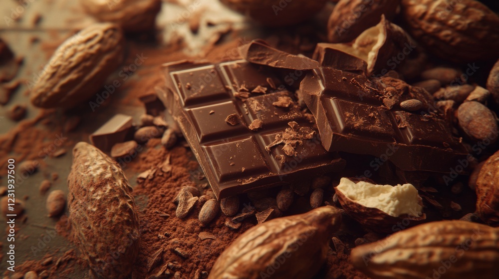 Poster A high-angle view of a chocolate bar broken into pieces, with whole cocoa beans and cocoa pods artfully placed around it for contrast