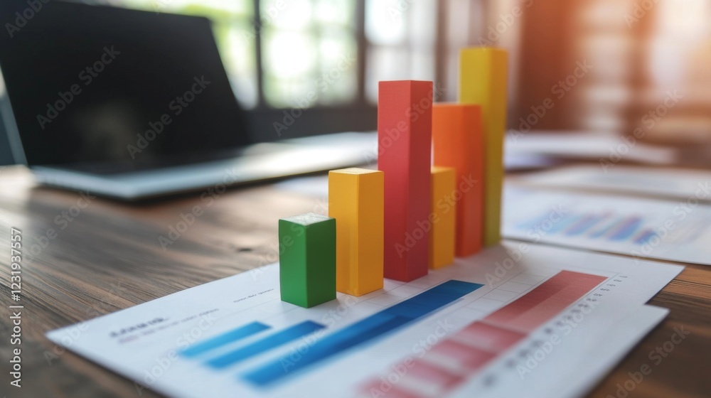 Fototapete a high-angle view of a colorful d bar graph on a sleek office desk, with documents and a laptop in t