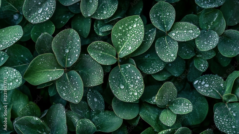 Poster A high-angle view of a lush plant with numerous leaves covered in dew, creating a sparkling effect and showcasing the plants natural beauty.